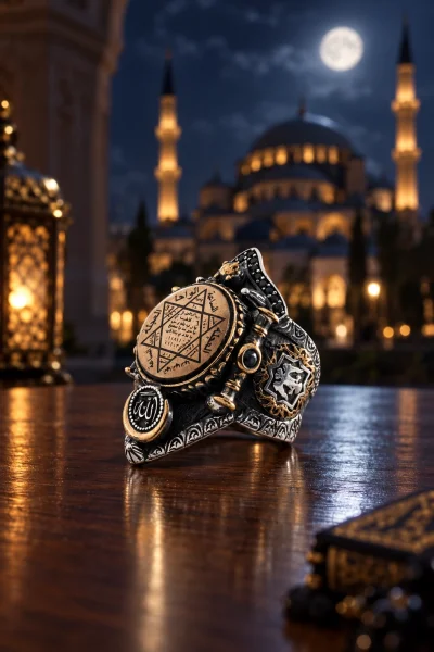 Mühr-ü Süleyman, Allah Lafzı ve Selçuklu Kartalı İşlemeli, Siyah Taş Detaylı Özel Tasarım Gümüş Yüzük