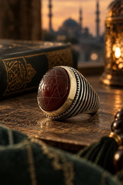 Mühr-ü Süleyman İşlemeli Kırmızı Akik Taşlı Gümüş Erkek Yüzük
