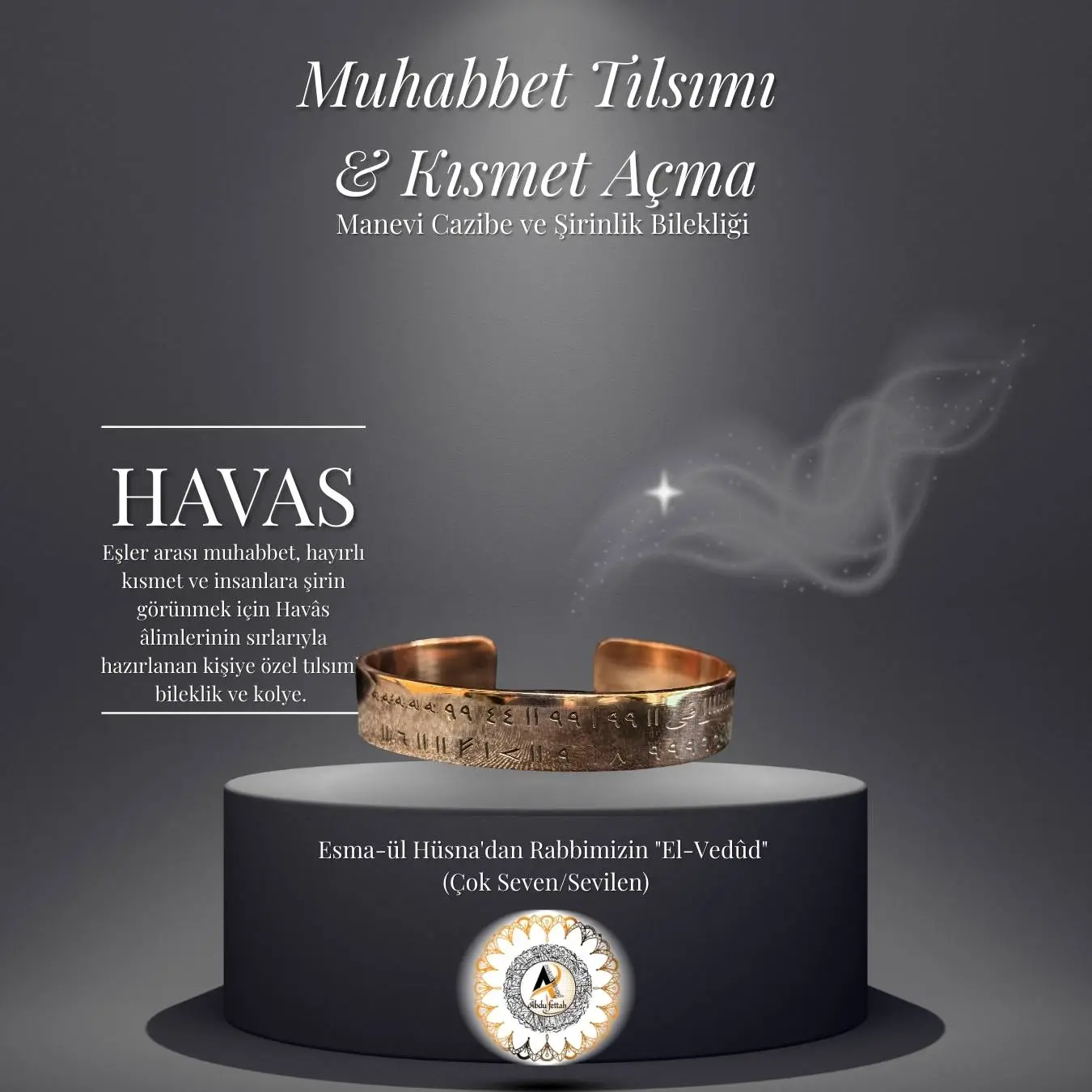 İnsanlara sevimli ve çekici görünmek için Esma-ül Hüsna vefkli manevi takı.