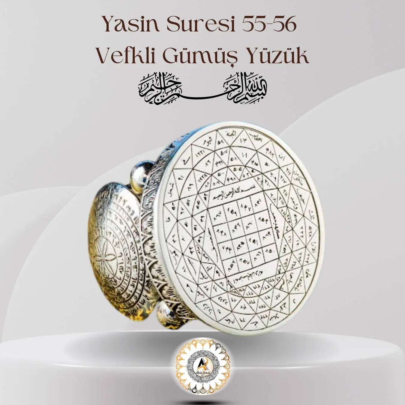 asin Suresi 55 ve 56 ayetleri işlenmiş vefkli tılsımlı gümüş erkek yüzük modeli.