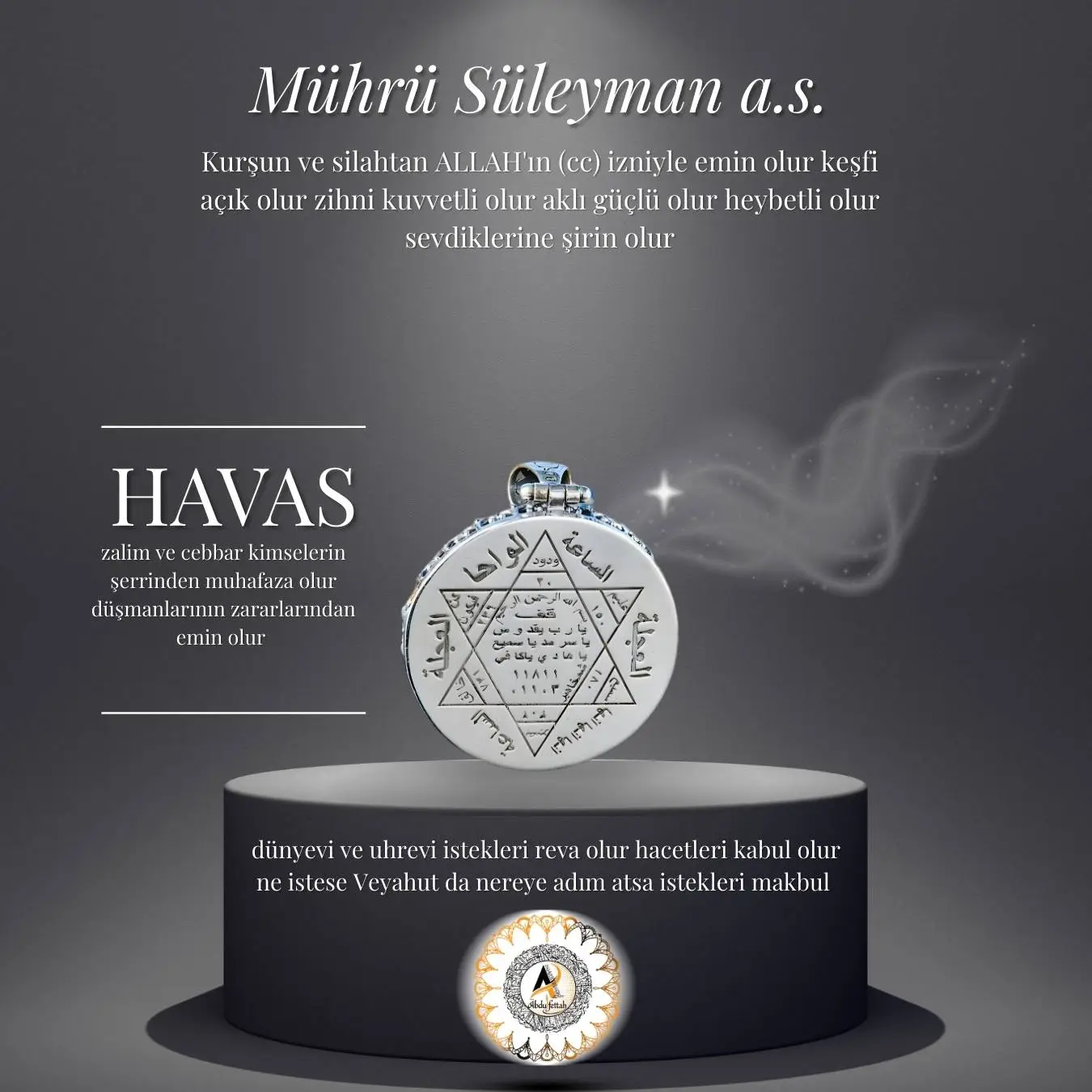 Manevi otorite, zenginlik ve saltanat için boyunda taşınan Süleyman Mührü tılsımı.