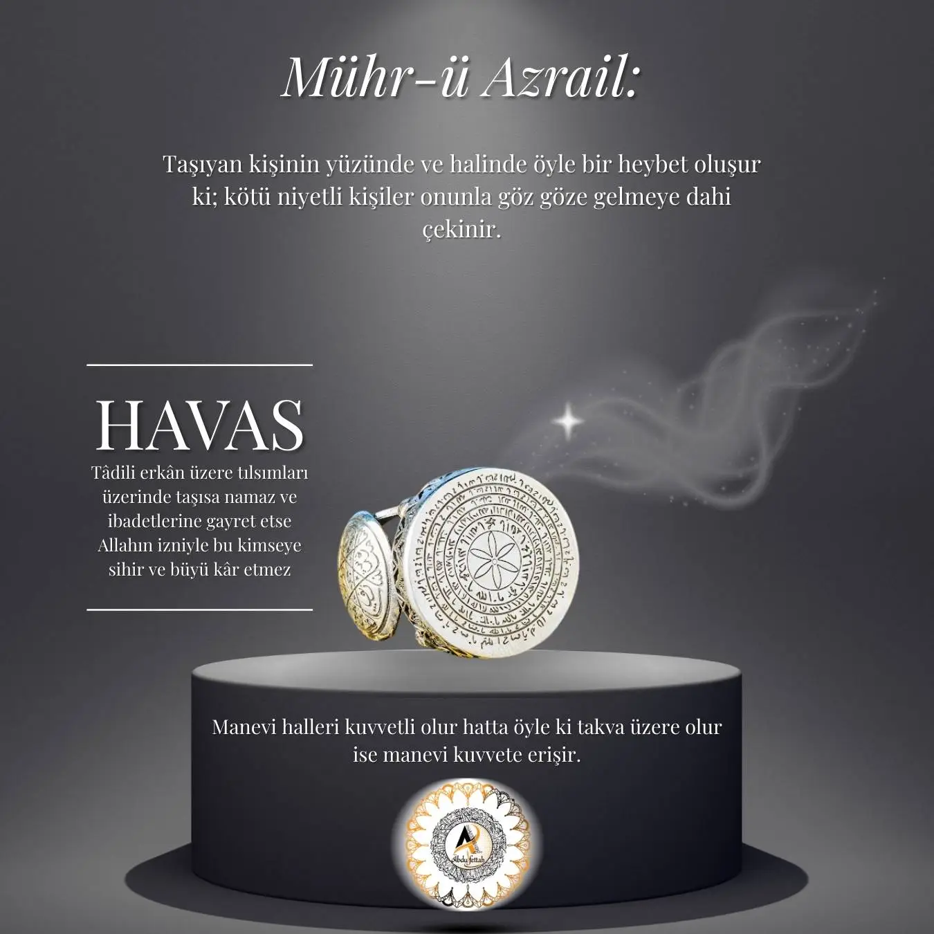 Zalimlere karşı heybet ve mutlak manevi zırh sağlayan gümüş Azrail Mührü kolyesi.