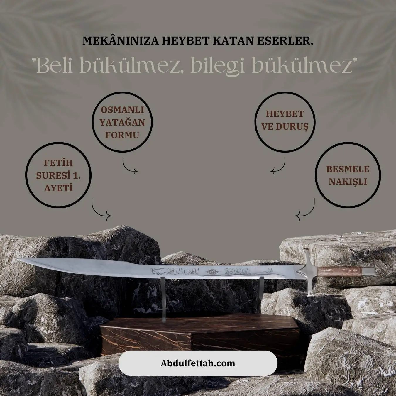 Geleneksel ahşap kabzalı, pirinç balçaklı özel tasarım dekoratif Yatağan.