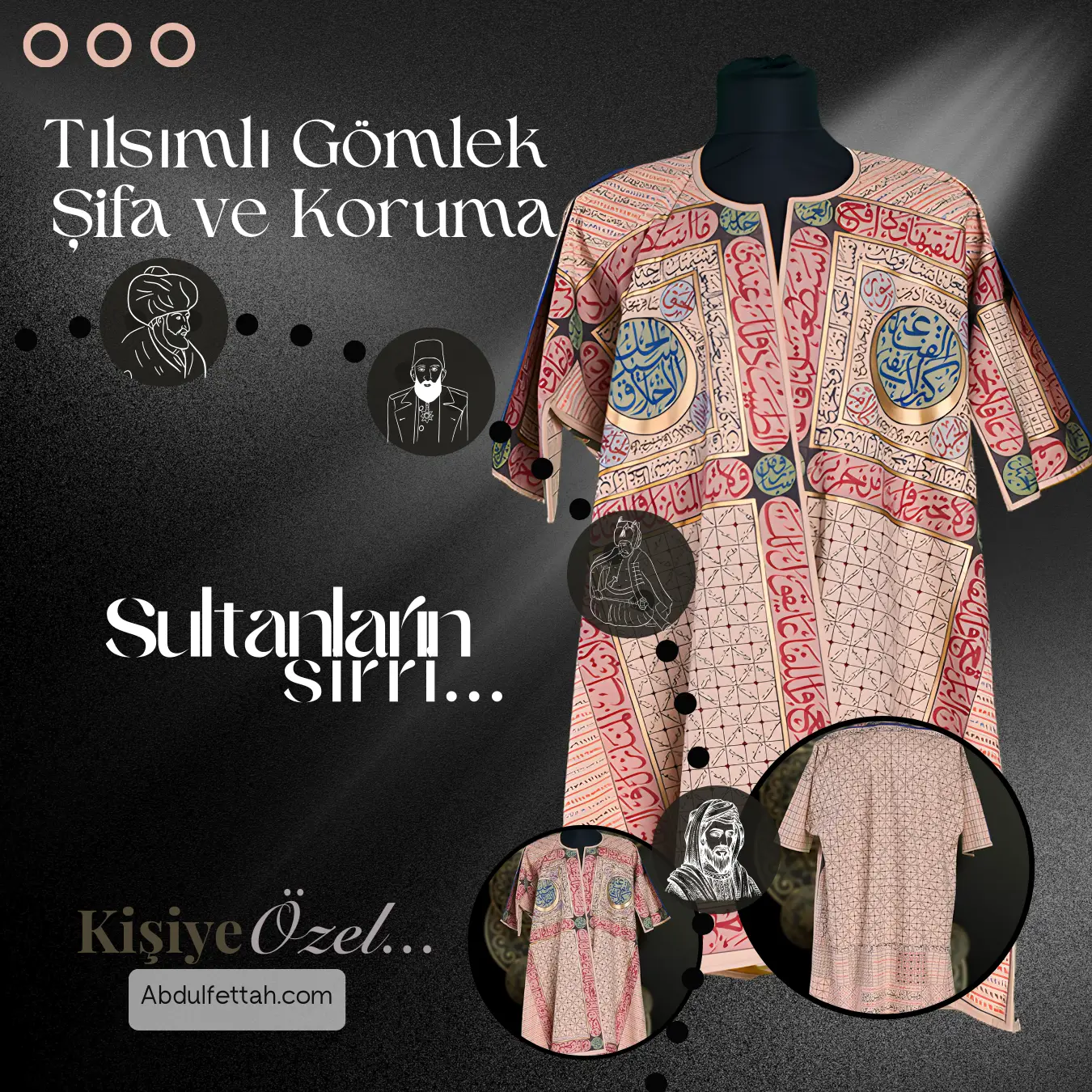 Üzerinde şifa ayetleri ve arınma vefkleri bulunan, kişiye özel havas çalışması gömlek detayı.