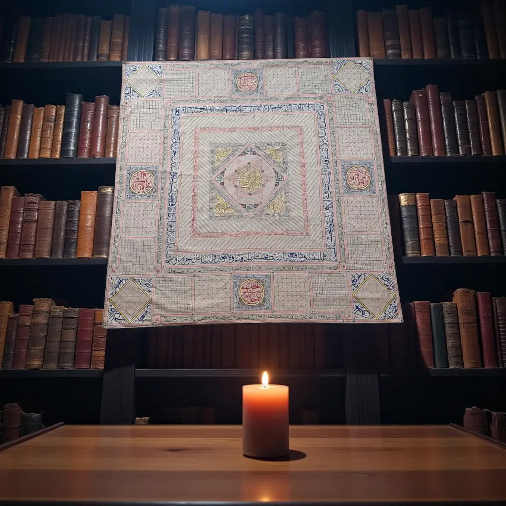 renkli, havas tılsımlı vefk işlemeli tasavvuf tefekkür örtüsü.