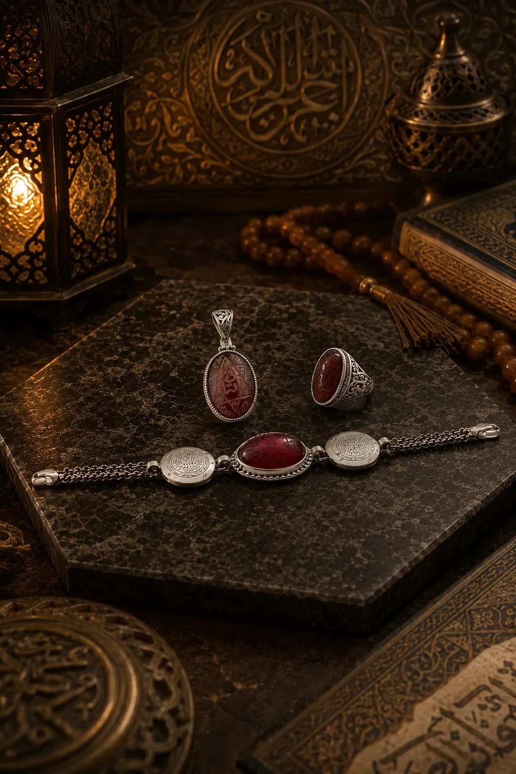Üçlerin Sırrı Koleksiyonu: Tılsım-ı Süleyman, Hızır (a.s) ve Hz. Hamza (r.a.) Mühürlü Hakiki Kan Taşı Seti